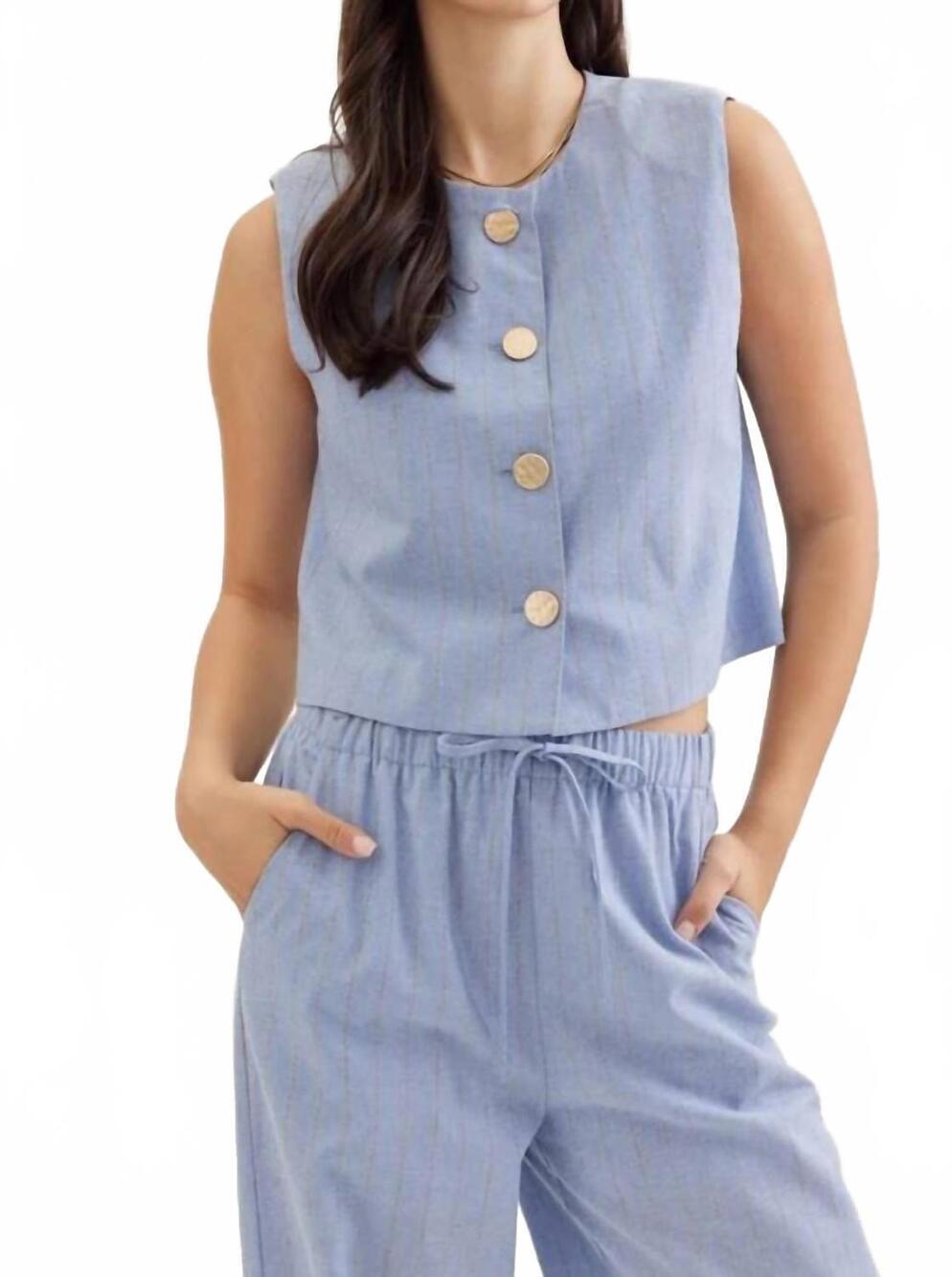 NEW ENTRO striped sleeveless cropped vest in blue